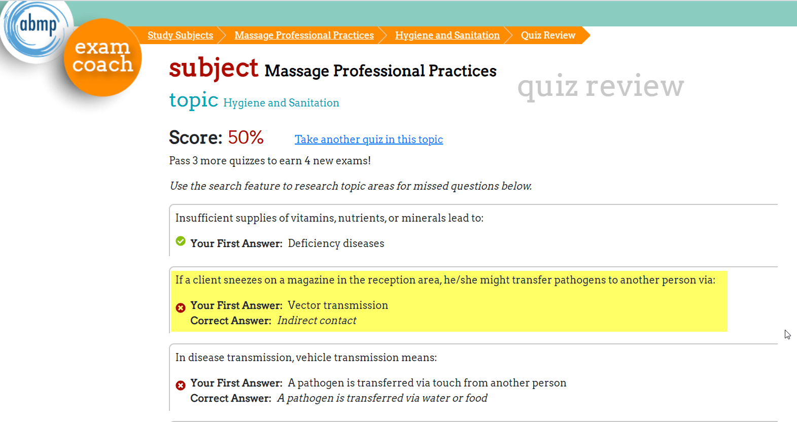 ABMP Exam Coach quiz summary page showing correct answers to quiz questions about Hygiene and Sanitation. 