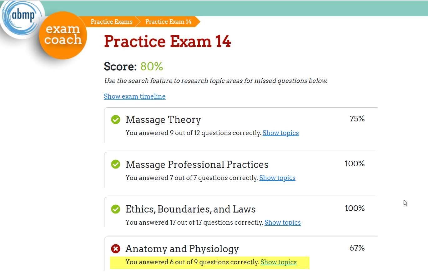 ABMP Exam Coach quiz summary page showing correct answers to quiz questions about the Skeletal System. 