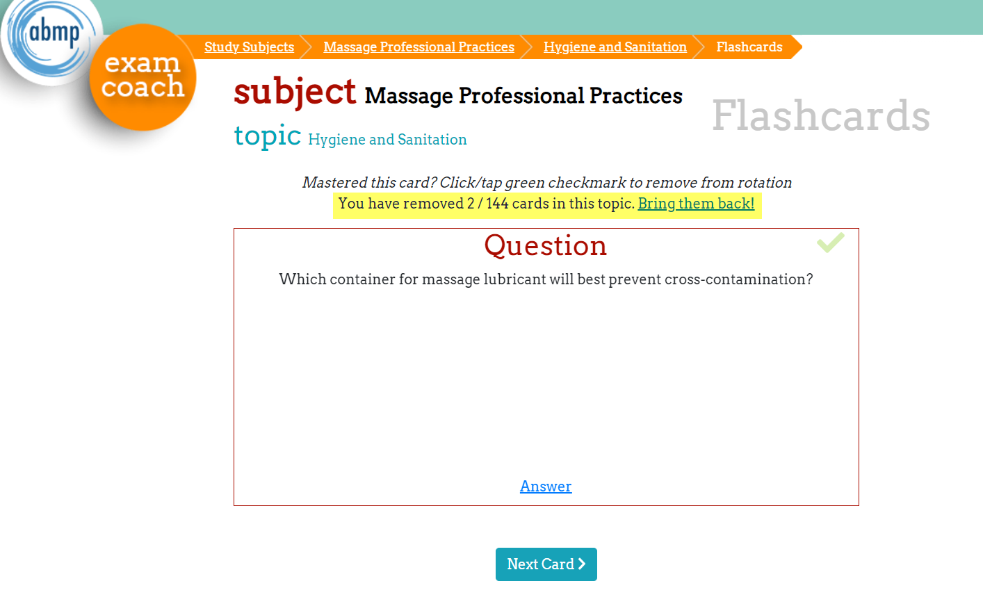 ABMP Exam Coach flashcard about massage lubricant highlighting progress count feature. 