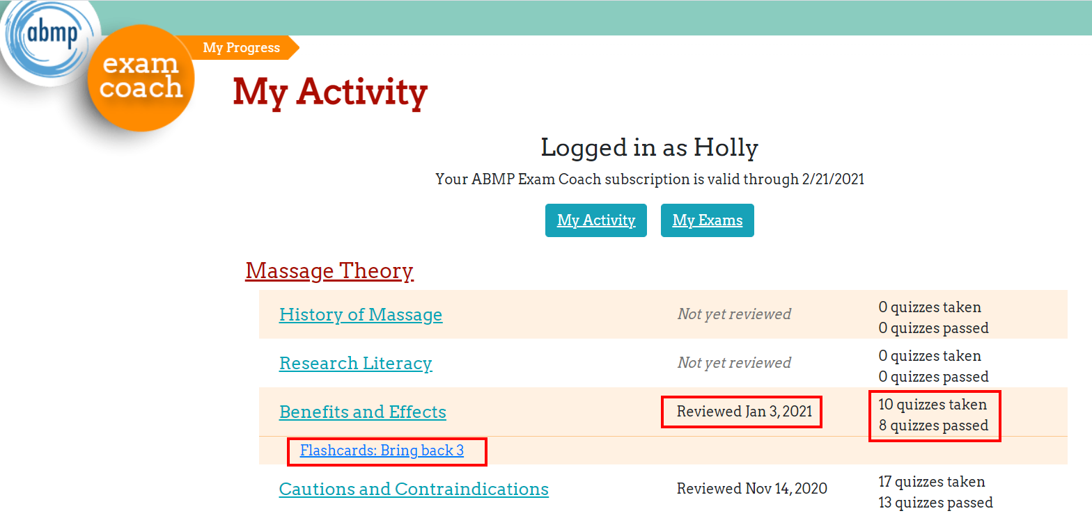 ABMP Exam Coach’s enhanced “My Activity” view showing the status of different courses taken.