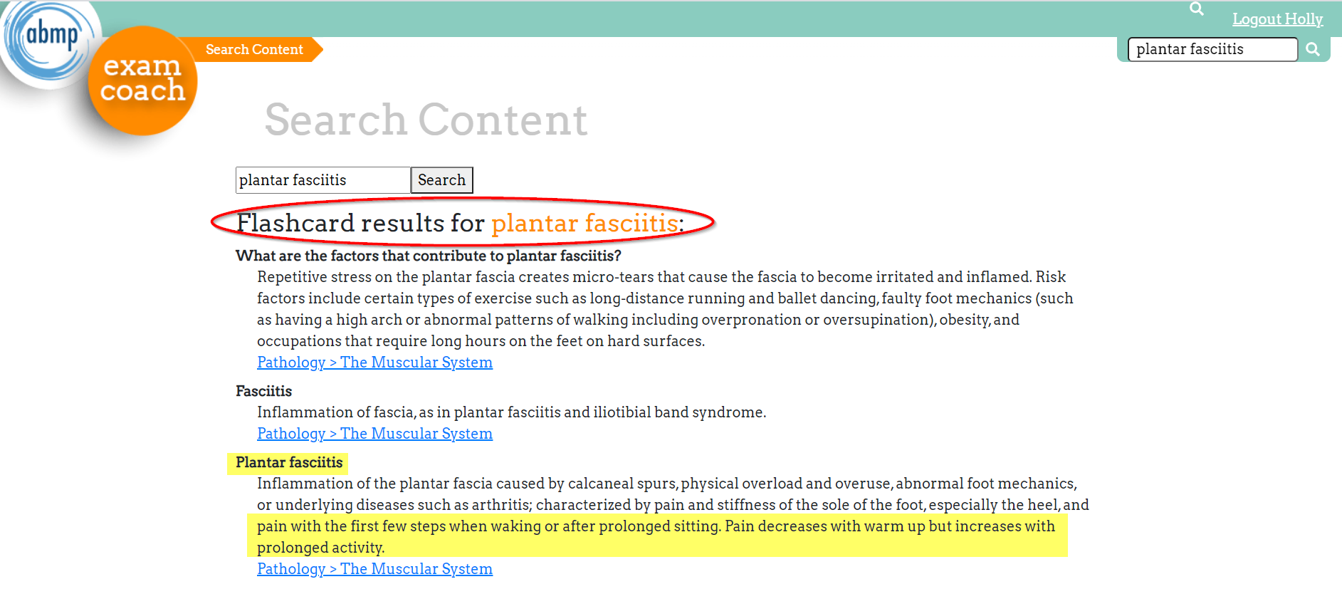 ABMP Exam Coach flashcard result for plantar fasciitis from an enhanced search query.