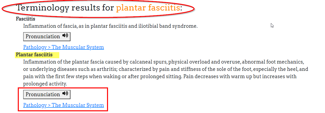 ABMP Exam Coach terminology result for plantar fasciitis from an enhanced search query. 